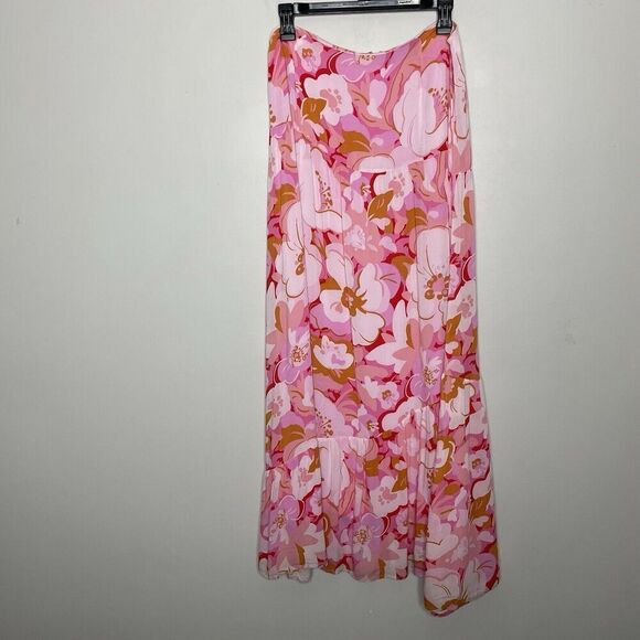 MINKPINK Josie Maxi Skirt Women Large Pink Floral 100% Viscose Lined - Picture 2 of 16